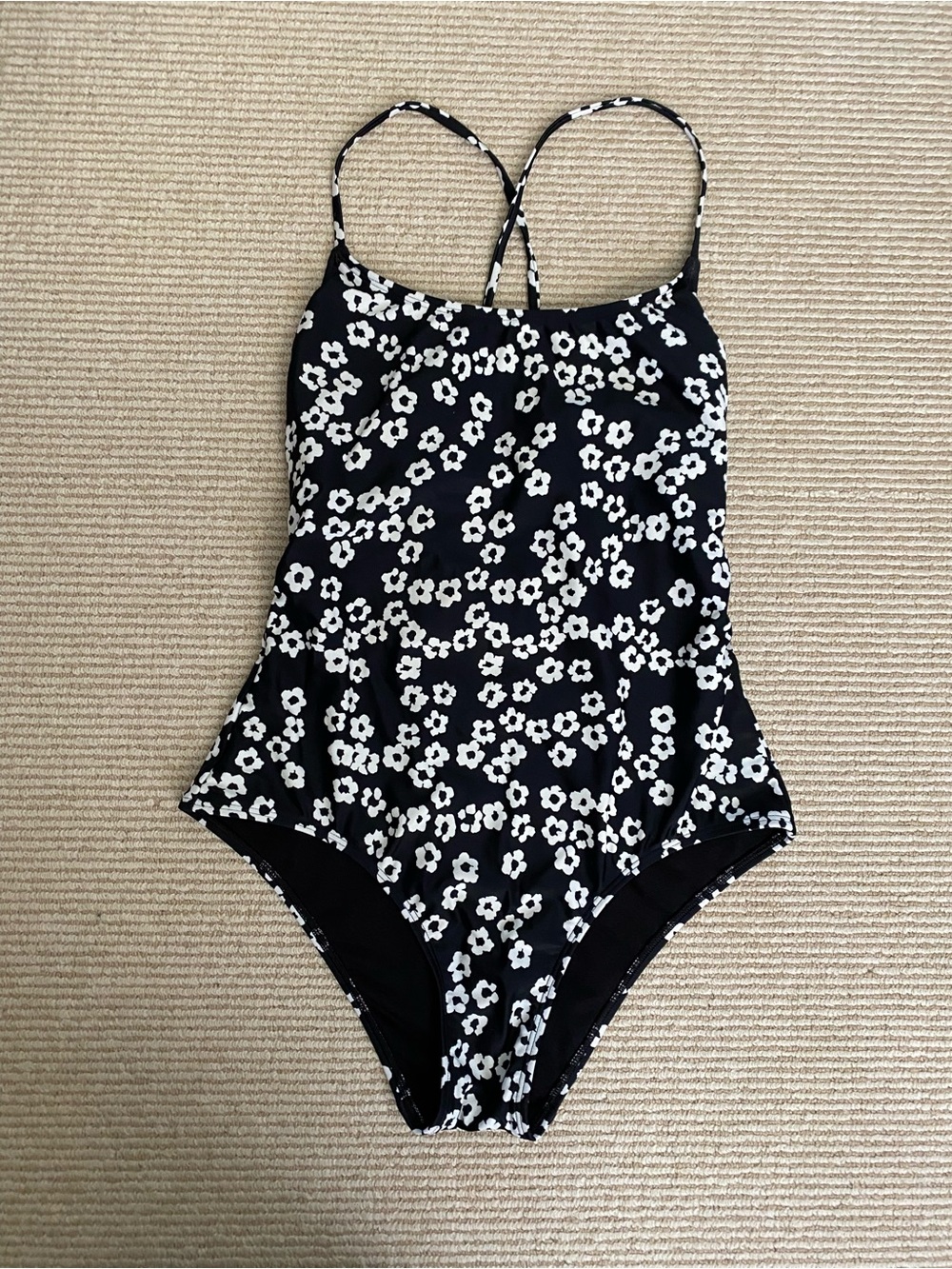 Lands' End Black One-Piece Swimsuit Tie-Back White Floral Print Size 8